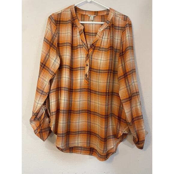 ""CATO Orange Check Plaid Long Sleeve Casual Button Down Shirt Women's SZ M"" - Picture 13 of 13